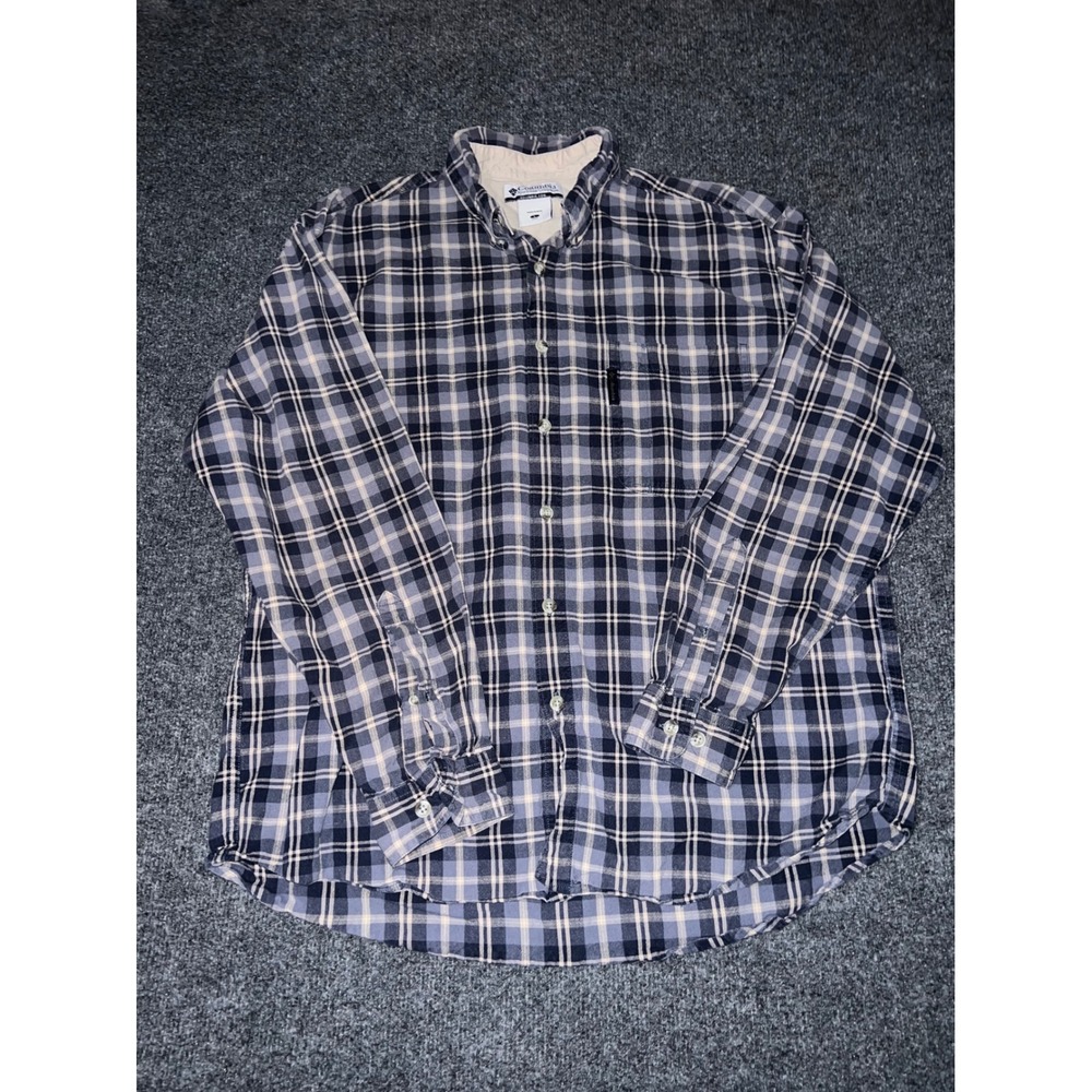 Columbia Sportswear Mens Large Blue Tan Plaid Cotton Button Down Shirt